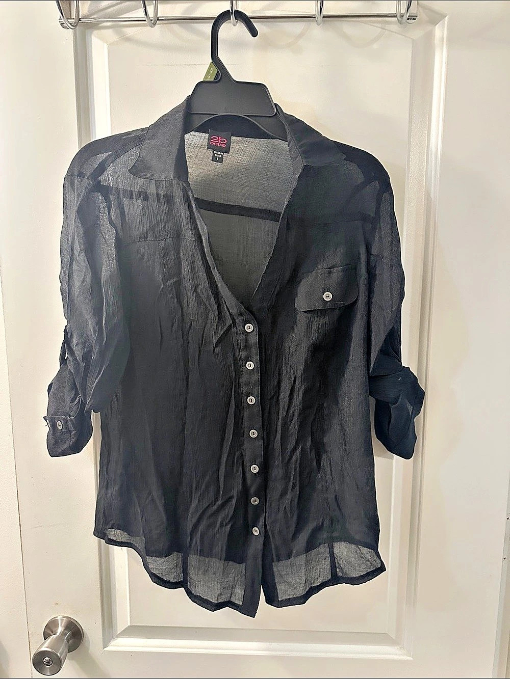 bebe Sheer Button Front Blouse in Black Large Like New